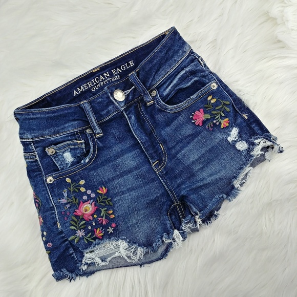 American Eagle Outfitters Pants - AEO | 'Hi-Rise Shortie' distressed embroidered
